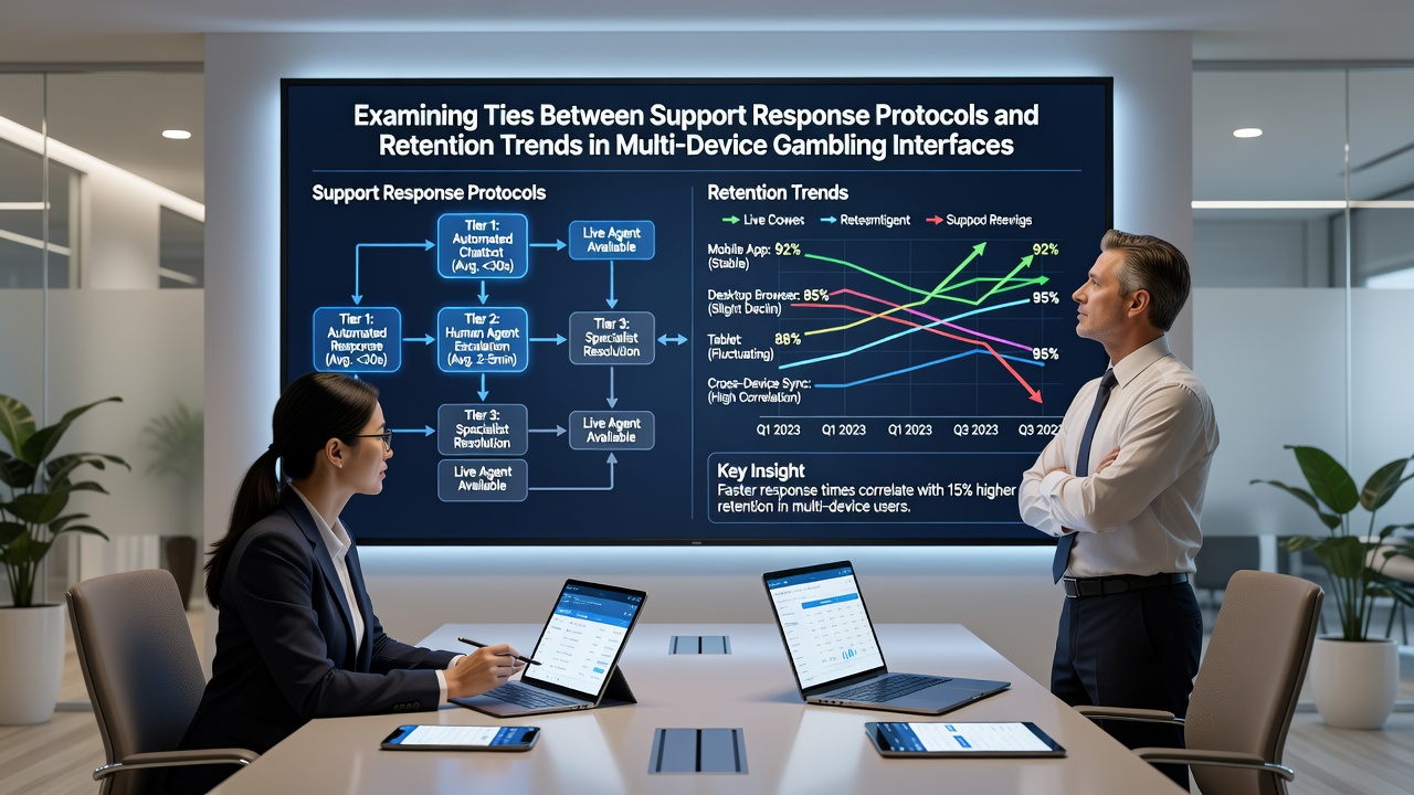 Analytics dashboard displaying retention curves and support ticket resolution times for multi-device gambling users over a six-month period